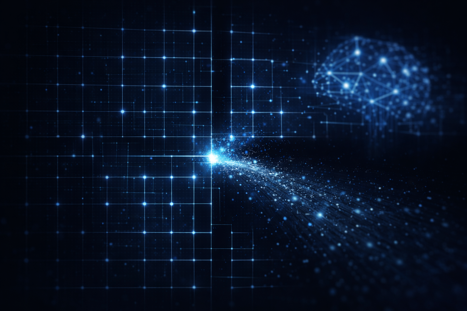 Abstract cybersecurity network showing data leaking from a compromised system, representing AI-related data exposure and security risks in business environments