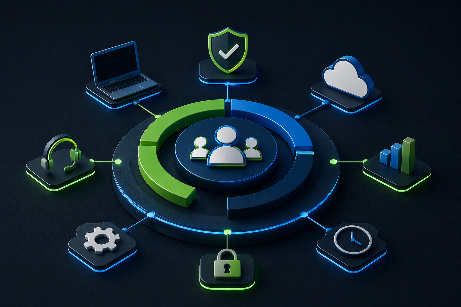 Managed IT network illustrating support, cybersecurity, and business system management