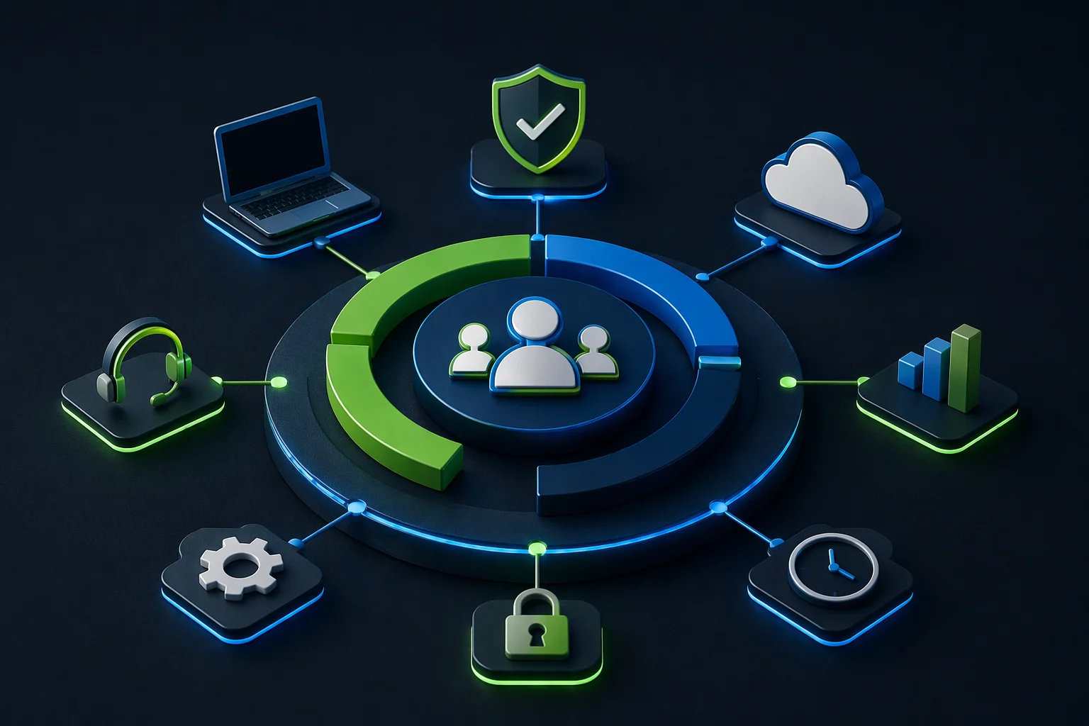 Managed IT network illustrating support, cybersecurity, and business system management