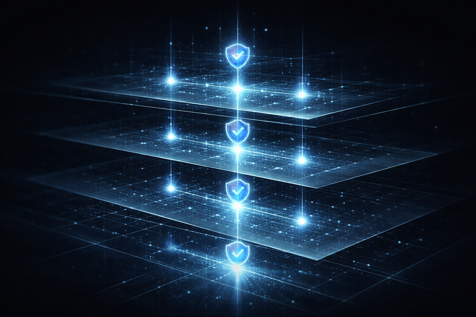 Abstract cybersecurity system showing layered controls and verification points, representing cyber insurance requirements and enforced security measures in business environments