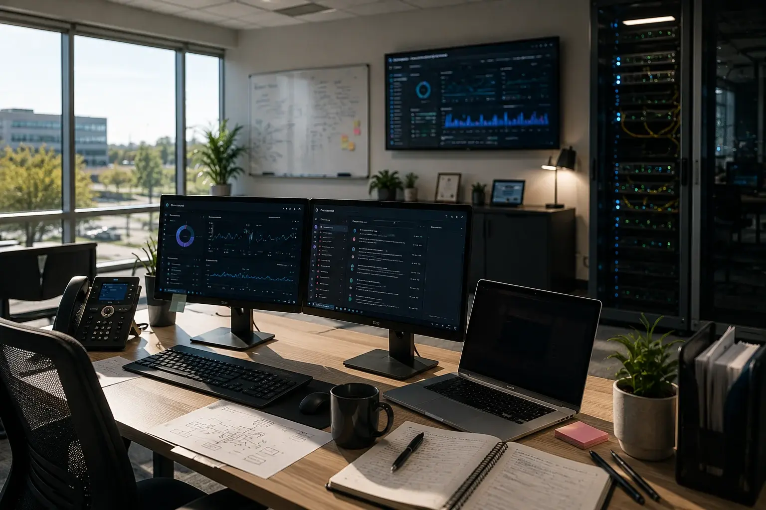 Sunlit IT monitoring workspace with security dashboards and server equipment representing AI-powered cybersecurity for small businesses.