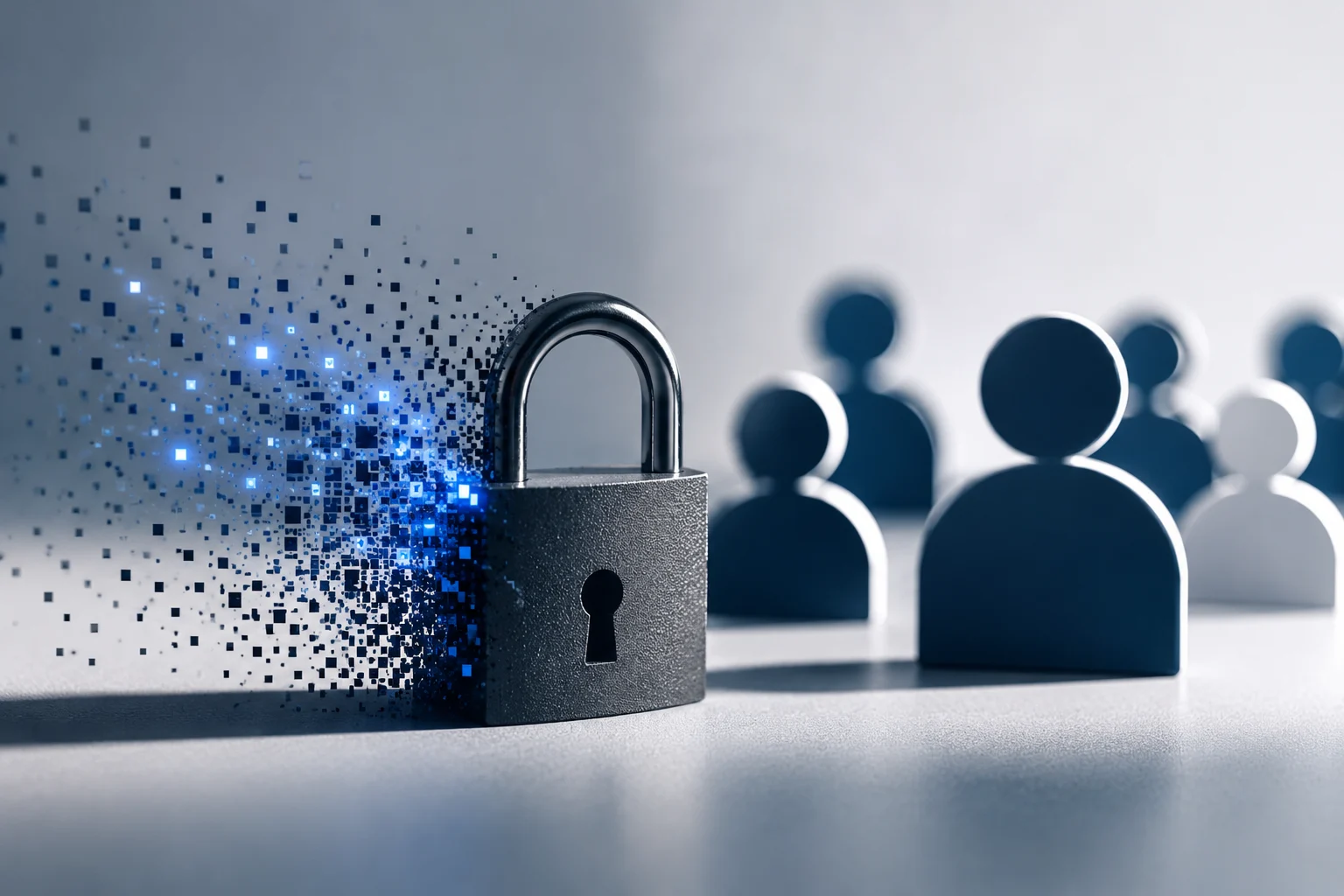 Digital padlock dissolving into pixels beside user profile icons representing nonprofit data breaches and donor information security.