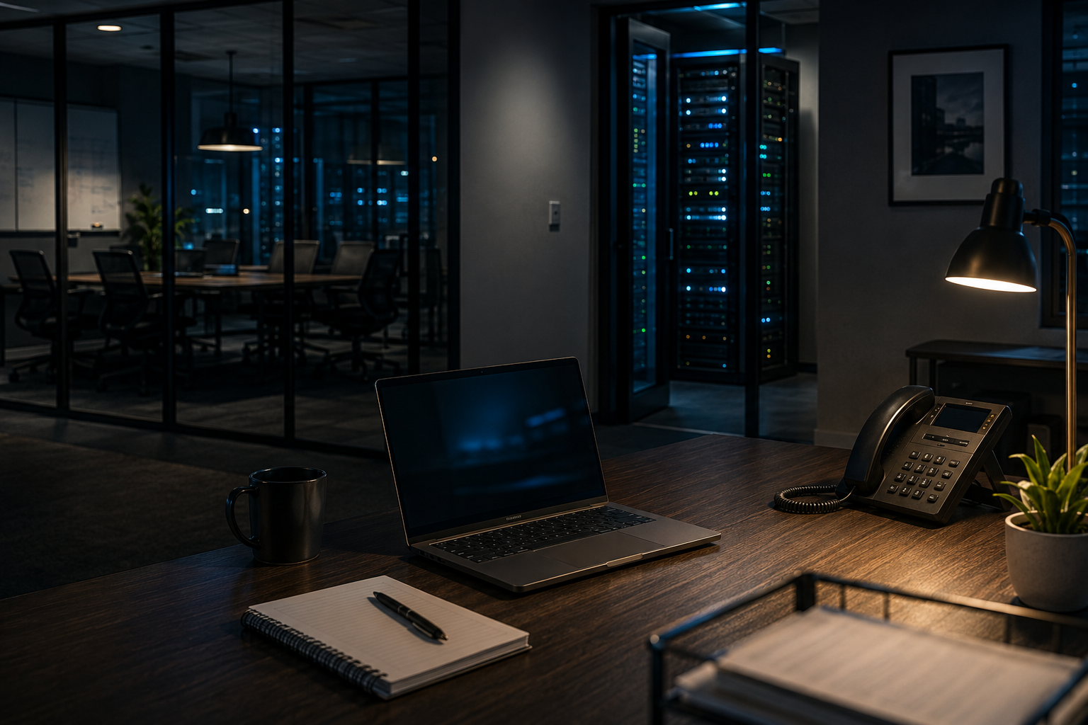 Modern office workspace with server infrastructure and monitoring equipment representing cybersecurity and managed IT support for small businesses.