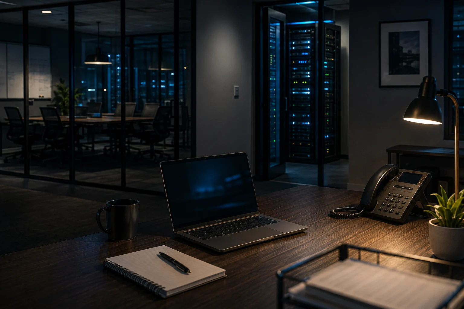 Modern office workspace with server infrastructure and monitoring equipment representing cybersecurity and managed IT support for small businesses.