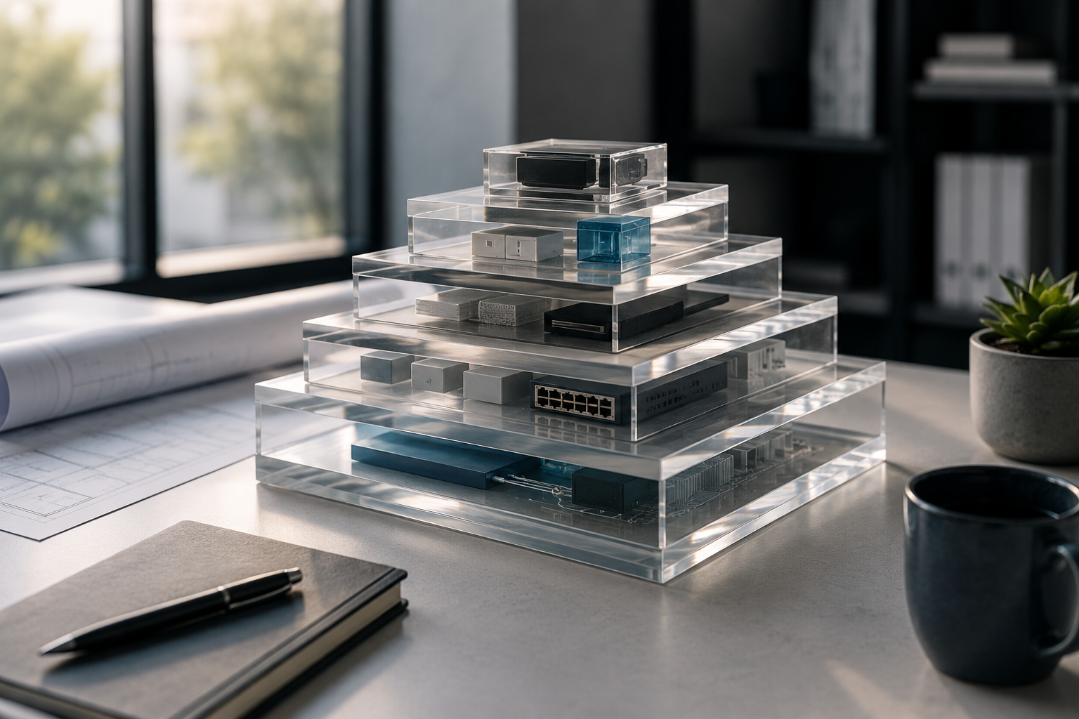 Layered transparent technology model on an office desk representing small business IT services, infrastructure, support, and managed technology planning.