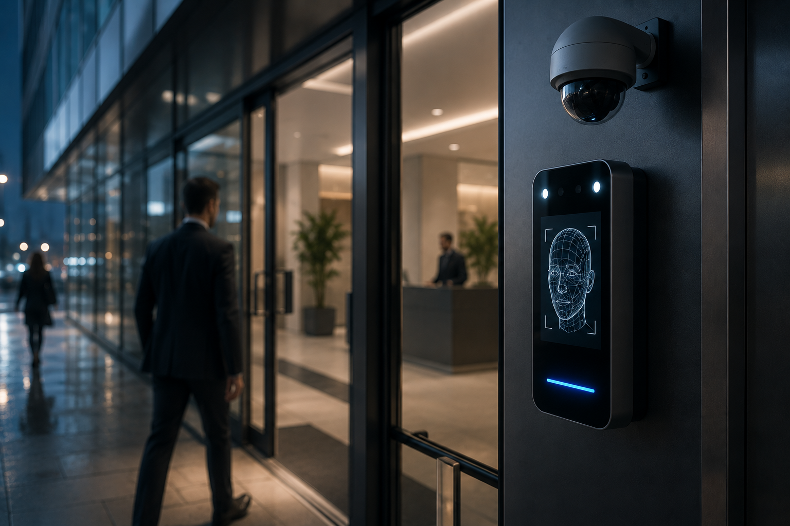 Commercial building entrance with facial recognition access control terminal and security camera protecting against unauthorized access.