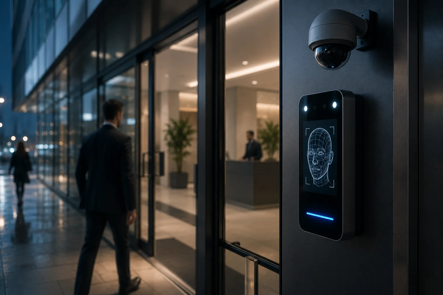 Commercial building entrance with facial recognition access control terminal and security camera protecting against unauthorized access.