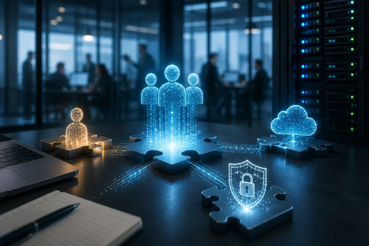 Modern IT collaboration concept showing connected technology modules, cloud infrastructure, and security representing staff augmentation and managed IT services.
