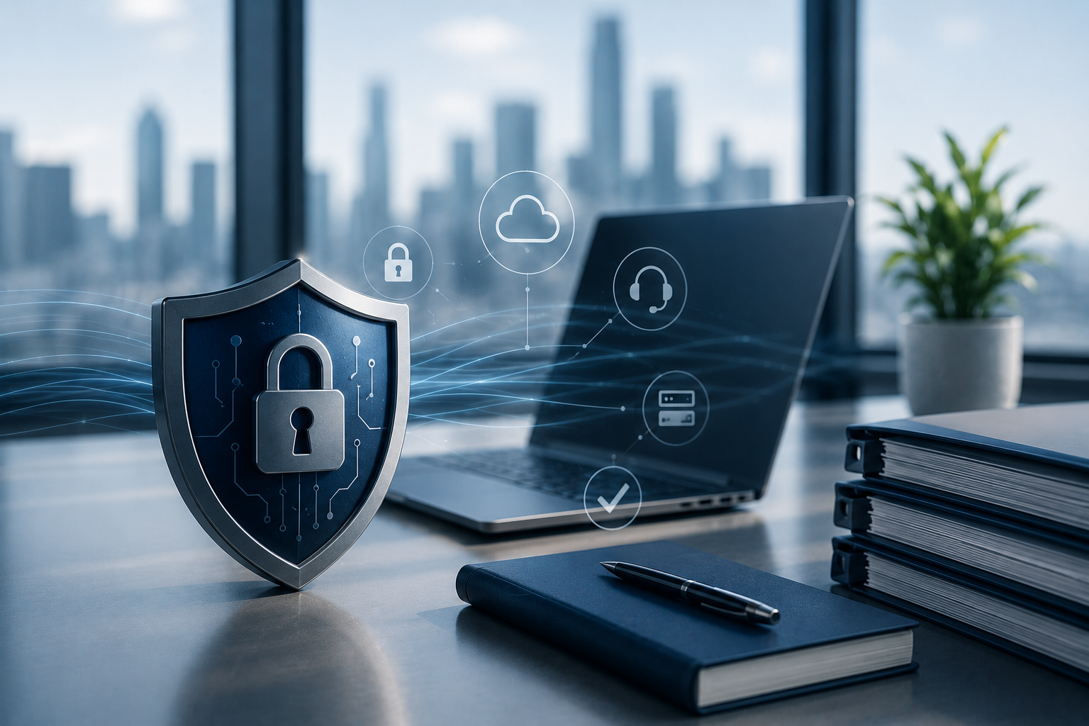 Corporate cybersecurity workspace with security shield, laptop, financial documents, and compliance concepts representing managed IT support for financial services firms.