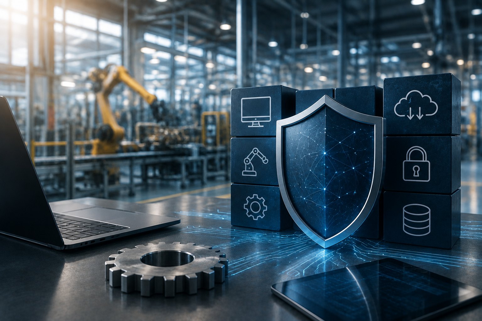 Industrial manufacturing environment with connected IT systems, security controls, cloud infrastructure, and network technology representing managed IT support for manufacturers.