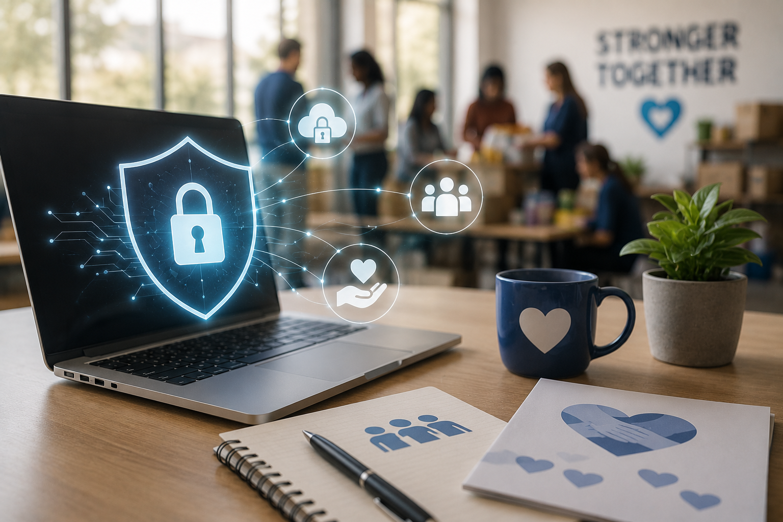 Nonprofit technology workspace with secure laptop, cloud protection, and donor data security concepts representing managed IT services for nonprofits.