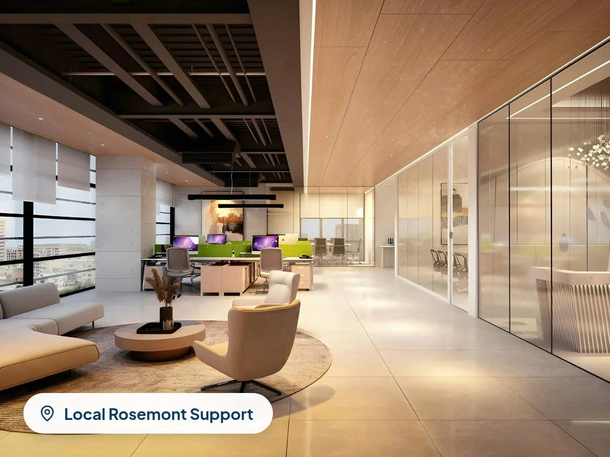 Bright modern office lounge with sofas and glass walls