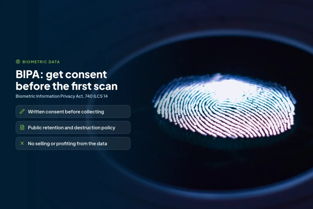 BIPA requirements: written consent before collecting biometrics, a public retention policy and no selling of the data