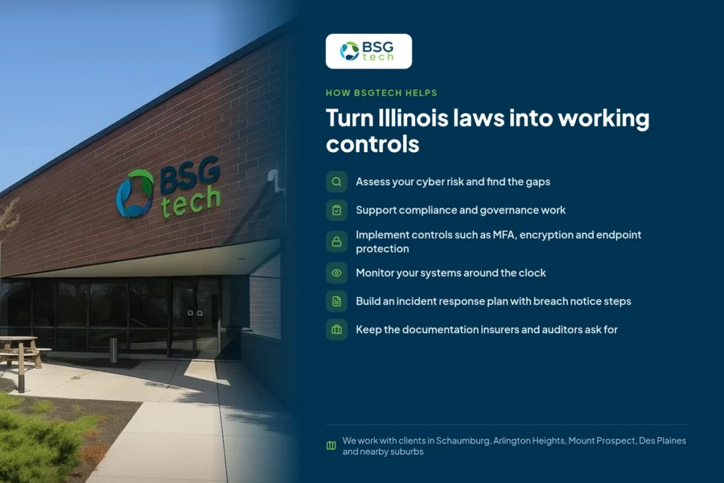 BSGtech office in Mount Prospect with the cybersecurity compliance services it provides to Chicago-area businesses